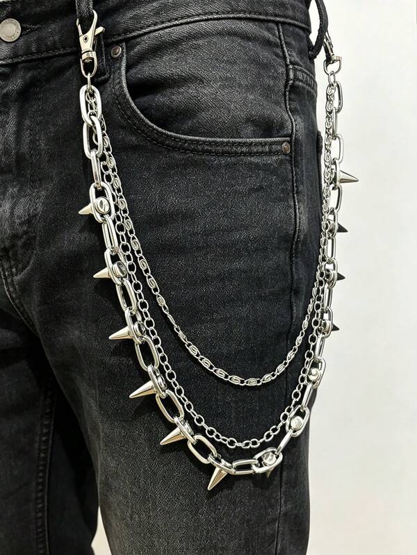 1pc Unisex Punk Style Triple-Layer Denim Chain, Rivet Decor Waist Chain, Versatile For Daily Wear
