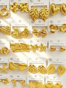 24 pièces Ensemble de boucles d'oreilles dorées à la mode et mignonnes - (expédié au hasard), avec différentes formes d'animaux, étoiles de mer, coquillages, fleurs, papillons, convient pour le port quotidien de toutes les filles, style océan d'été, bijoux, cadeau de la fête des mères, cadeau de la Saint-Valentin, premier choix, le cadeau de vacances parfait pour la famille et les amis - Doré - Voir 2