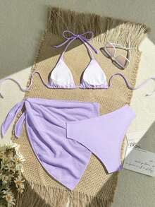 Conjunto de 3 piezas de traje de baño de bikini de unicolor y estilo sexy de halter para mujeres, conjunto de traje de baño, para vacaciones de verano en la playa - Púrpura malva - Ver 7