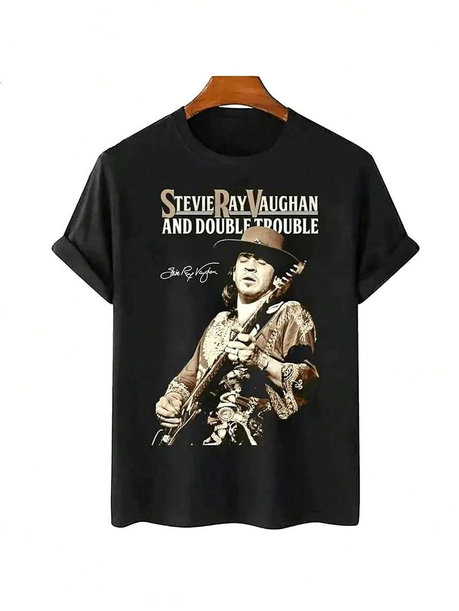 Stevie Ray Vaughan Printed T-Shirt For Men And Unisex - Blues Rock Guitar Hero Print T-Shirt, Casual Loose Fit Thick Fabric T-Shirt, Suitable For All Seasons, Gift For Musicians And Music Fans. - 黑色 - 查看 1