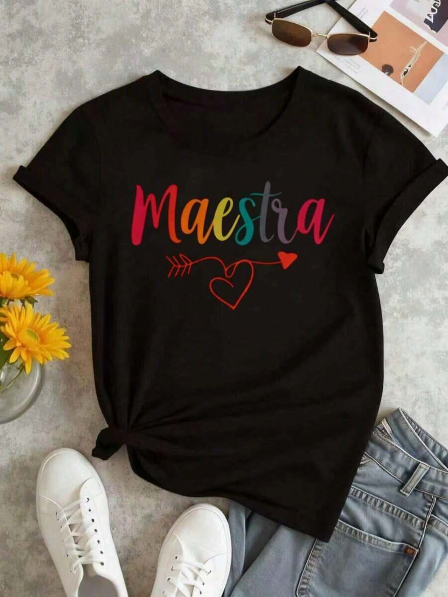 NewSummerCasualCamiseta con estampado de maestra para mujer, primavera, 100 % algodón, estampado artístico, hip hop urbano, transpirable, recién llegada.-Vintage Street Style Unisex Loose Cotton Short Sleeve Crew Neck T-Shirt - Negro - Ver 1