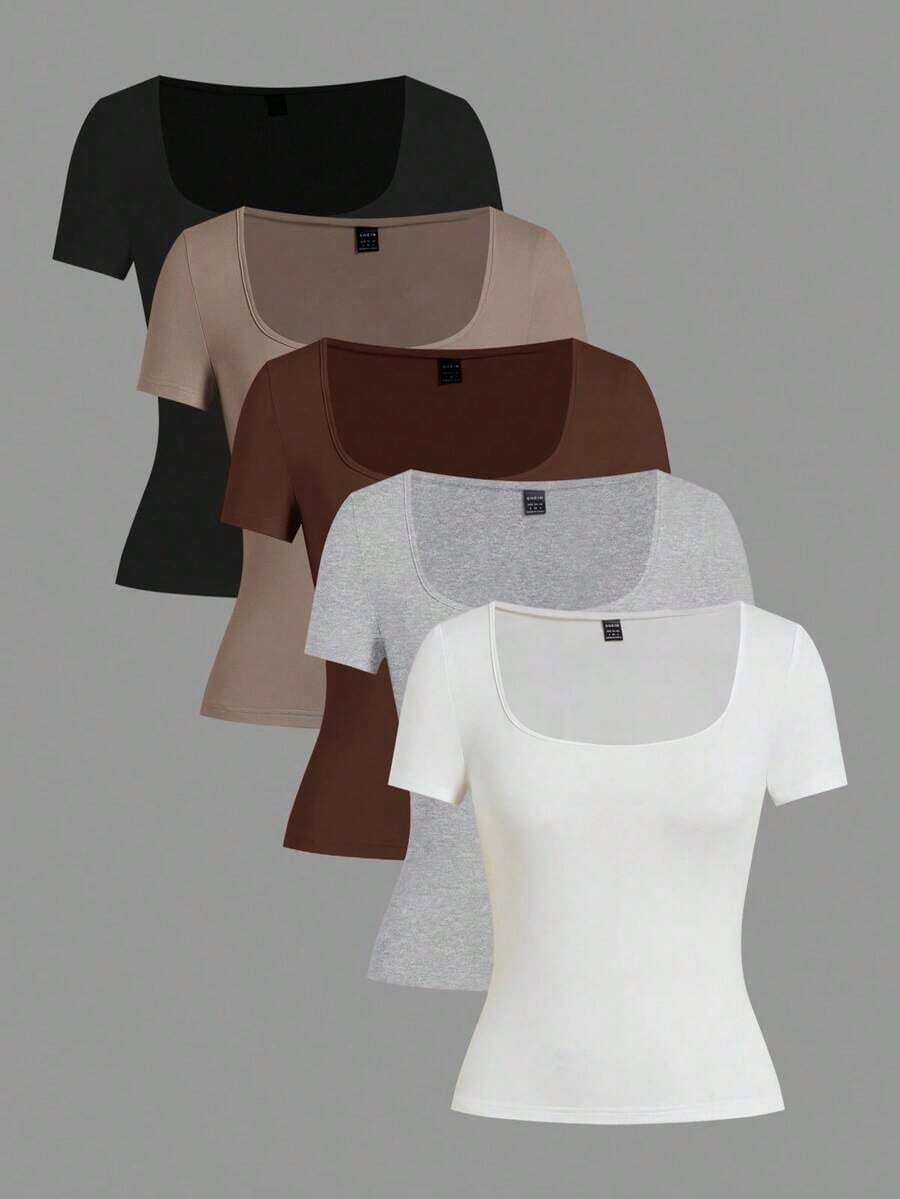 Set de 3 camisetas de punto para mujer, multicolor, camisetas básicas de primavera/verano para mujer, tops ajustados básicos, paquete de tops básicos, tops básicos para mujer, tops de ajuste ceñido, tops básicos, tops de mujer de cuello cuadrado, tops de verano para mujer, tops de manga corta para mujer, tops de verano para mujer, camisetas de mujer - Multicolor 5 - Ver 1