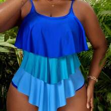 Plus Size Women's Summer Vacation Style Fluorescent Color Patchwork Layered Ruffle One-Piece Swimsuit - Multicolor - Ver 6