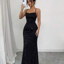 Women's Elegant Banquet Glitter Spaghetti Strap Open Back Mermaid Dress, Christmas - Azul Marino - Ver 6