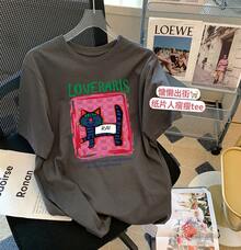 Camiseta de manga corta de algodón puro, estilo europeo, de gran tamaño, nueva colección primavera/verano 2024, con diseño de dibujos animados para mujer, holgada y versátil, de longitud media-larga, adecuada para usar como prenda exterior. - Blanco - Ver 8