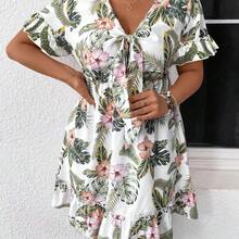 Plus Size Women's Plant And Floral Print Front Tie Dress, Suitable For Summer - Verde - Ver 7