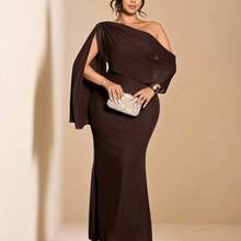 Cravure Vestido de mujer de talla grande de unicolor elegante, diseño asimétrico de hombros, vestidos de cumpleaños, vestido de fiesta de club con hombros descubiertos para primavera, conjunto de mujer de verano, vestidos formales elegantes de mujer, vestido de noche, vestido ajustado maxi, vestido de mujer para boda, vestido romántico para invitada de boda - A1 - Ver 4