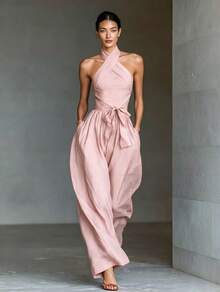 2026 New Linen Cross Cami Jumpsuit Women Tie Waist Wide Leg Casual Romper - 乳白色 - 查看 10
