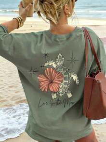 Women's Summer T-Shirt, Turtle, Floral And Letter Print, Round Neck, Casual, Loose Fit, For Beach Vacation, White Blouses For Women Clothing - 橄欖綠 - 查看 1