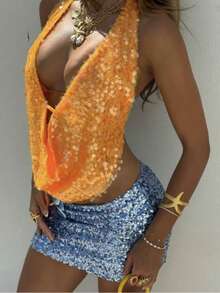 Sexy Sequined, Backless, Deep V-Neck Halter Top With A Holiday Vibe - 橘色 - 查看 3