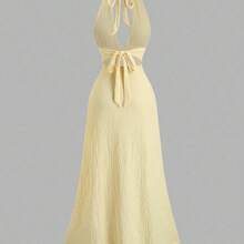 Sweetro Sexy Halter Deep V-Neck Backless Fitted Slit Solid Color Dress - Amarillo - Ver 3