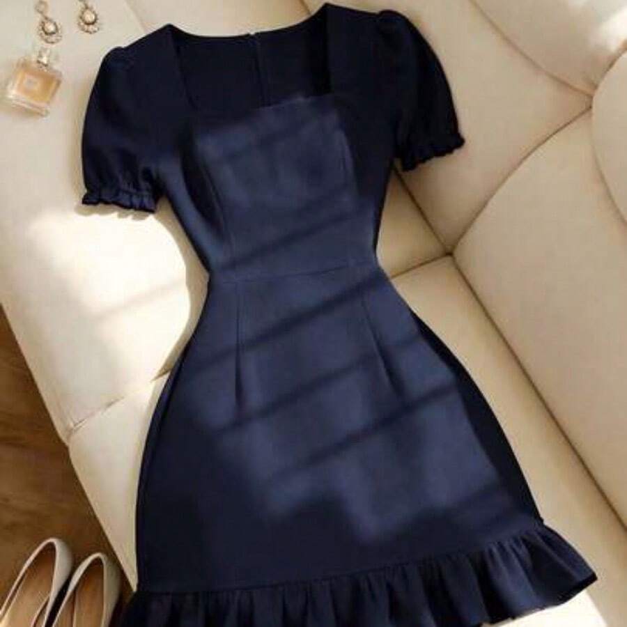 Women's Solid Black Elegant Fitted Dress, Slimming, Suitable For Dates, Parties, Birthdays, Spring/Summer Wear, Commute, Casual, Office, Versatile, Square Neck Short Sleeve A-Line 2026 New Fashion Pink Eleganza Satin - Azul Marino - Ver 1