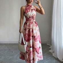Women's Blue Tie Dye Print Sleeveless Halter Waist Tie A-Line Dress - Rosa - Ver 8