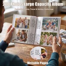 ألبوم صور من جلد PU مقاس 12 بوصة يتسع ل- 200 صورة مقاس 4x6 بوصة، صفحات داخلية بيضاء، إغلاق بكبس، غطاء جلدي بنمط شبكي، مع نافذة ومساحة للكتابة، كتاب ذكريات بسعة كبيرة مناسب لأعياد الميلاد والكريسماس والزفاف والذكرى السنوية - متعدد الألوان - مشاهدة 4
