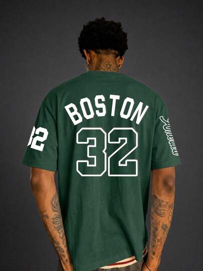 Camvyn Casual Sporty! Men's Summer Fashion Versatile Letter Print Drop Shoulder Loose Breathable Short Sleeve T-Shirt