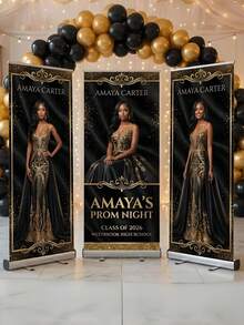 1pc Personalized Birthday Banner, Can Add Personal Name And Portrait. Vinyl Banner Designed For Birthday Party, Personalized Birthday Poster With Photo, Personalized Text And Pattern Banner, Suitable For Home Wall And Outdoor Decoration. Black And Gold Polyester Fiber Background, Personalized Black And Gold Graduation Logo With Photo, Perfect For Indoor And Outdoor Party Decoration And Party Setup - Multicolor - View 4