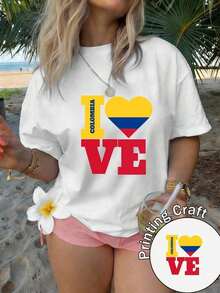 Women's Short-Sleeved Crew Neck T-Shirt, 100% Cotton, Machine Washable, Easy Care, Casual Design With The Letter I And Patriotic Colombia Print, New Summer 2026 Style For Everyday Wear And Travel, 100% Cotton 2026 - 白色 - 查看 11