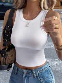 Camiseta de tirantes ajustada de unicolor para mujer, uso diario minimalista y casual - Blanco - Ver 7