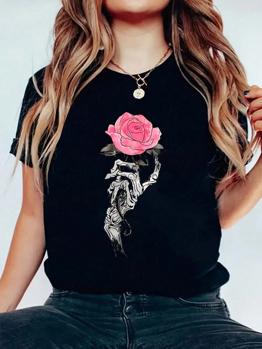 Oversize Camiseta de Halloween, Camiseta Casual Negra de Manga Corta para Mujeres con Estampado Gráfico de Manos de Esqueleto y Rosa Rosa, Cuello Redondo de Ajuste Cómodo, Camiseta de Primavera Verano Lavable a Máquina de Elasticidad Media, Camisetas para Damas, Camiseta de Elasticidad Media - Negro - Ver 1