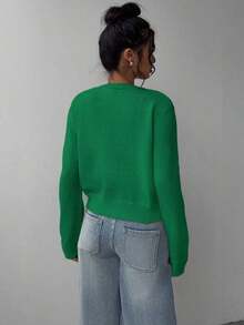 Cárdigan de mujer de manga larga, cuello redondo, suelto y corto, de unicolor, cómodo y acogedor, ideal para el uso diario, en color amarillo mantequilla para otoño/invierno - Verde - Ver 2