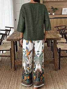 Conjunto de camisa de unicolor y pantalones con estampado floral para vacaciones - Multicolor 4 - Ver 2