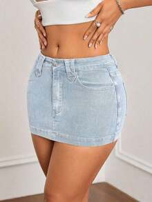 Minifalda de mezclilla ajustada y de tiro bajo lavada, con estilo callejero sexy para el verano - Lavado ligero - Ver 3