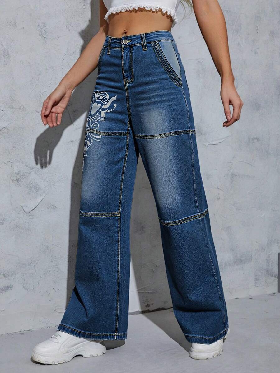 Women's High-Waisted Wide Leg Printed Jeans, Classic Wash, Non-Stretch Fabric, Elegant And Modern Style - Dark Wash - View 1