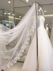 1pc Ivory Embroidered Elegant Cathedral Train Long Soft Mesh Veil, 2025 Lace Bridal Veil Fall Clothes For Women - White - View 6