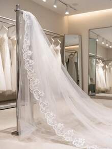 1pc Ivory Embroidered Elegant Cathedral Train Long Soft Mesh Veil, 2025 Lace Bridal Veil Fall Clothes For Women - White - View 7