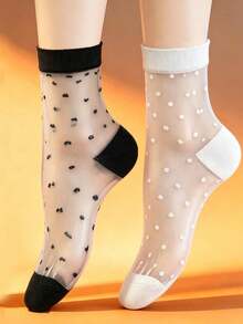1/3/6/9 Pairs Summer Thin Solid Color Socks, Women Black White Crystal Socks, Polka Dot Vertical Stripe Transparent Glass Silk Mid-Calf Socks - Multicolor - View 26