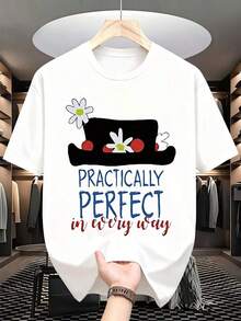 1 Piece Women's Graphic T-Shirt, Practically Perfect In Every Way, Casual Daisy Hat Design Tee, Summer Outfit For Everyday Wear, It's A Perfect Gift T-Shirt For Friends And Family On Any Holiday Or Special Occasion, 180g 100% Cotton - 白色 - 查看 2