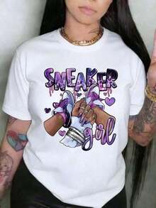 1 Piece [Sports T-Shirt] For Women, "Sneaker Girl" Style, With Purple Leopard Print And Text, 100% Cotton, Soft And Breathable, Casual Short-Sleeved T-Shirt, Easy To Match For Summer Or Everyday Comfort. | Relaxed Fit | 180g 100% Cotton - 白色 - 查看 12