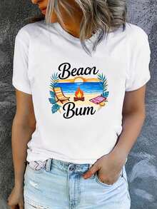 1 Women's Summer Short Sleeve T-Shirt With Print, Modern And Casual, Machine Washable, Comfortable Fit, 2D Flat Print, 180g, 100% Cotton. - 白色_09 - 查看 12