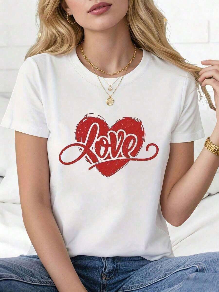 1 pieza de camiseta de mujer para el Día de San Valentín con estampado de corazón rojo - Blusa casual de manga corta y cuello redondo, de elasticidad media, ideal para primavera y verano, atuendos casuales y para citas nocturnas, lavable a máquina, top romántico, peso 180g, 100% algodón. - Blanco - Ver 1