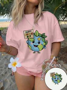 Women's Short-Sleeved Crew Neck T-Shirt, 100% Machine Washable And Easy To Care For, With A Casual Design Featuring Adorable Lettering And A Banner Print With The Phrase "Happy Earth Day". New Summer 2026 T-Shirt For Everyday Wear And Travel. - 杏色 - 查看 8