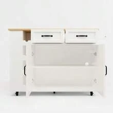 Kitchen Island, Kitchen Cabinet, Removable Serving Trolley With Wine Rack, Sideboard, Food Trolley With Wood Grain, Buffet Cabinet, White - White - View 7