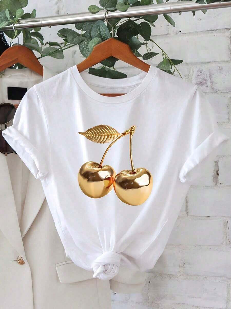 2026 Camiseta Casual de Verano para Mujer, Talla Grande, Cuello Redondo, Estampado de Cerezas Doradas, Moda Verano, Manga Corta, Fresca - Blanco - Ver 1