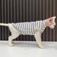 斯芬克斯猫德文郡无毛猫服装，荧光黄紫色条纹背心，高弹力，舒适轻薄夏季宠物家居服 - 紫羅蘭色 - 查看 6
