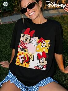 Disney 100% Cotton Women's T-Shirt Featuring A Minnie Mouse Jigsaw Puzzle Print; A Comfortable, Breathable And Versatile Summer Top With A Round Neck And Short Sleeves; A Street-Style Fashion Piece Suitable For Both Men And Women; An Excellent Choice For A Gift.Disney T Shirt, Disney - Black - View 1