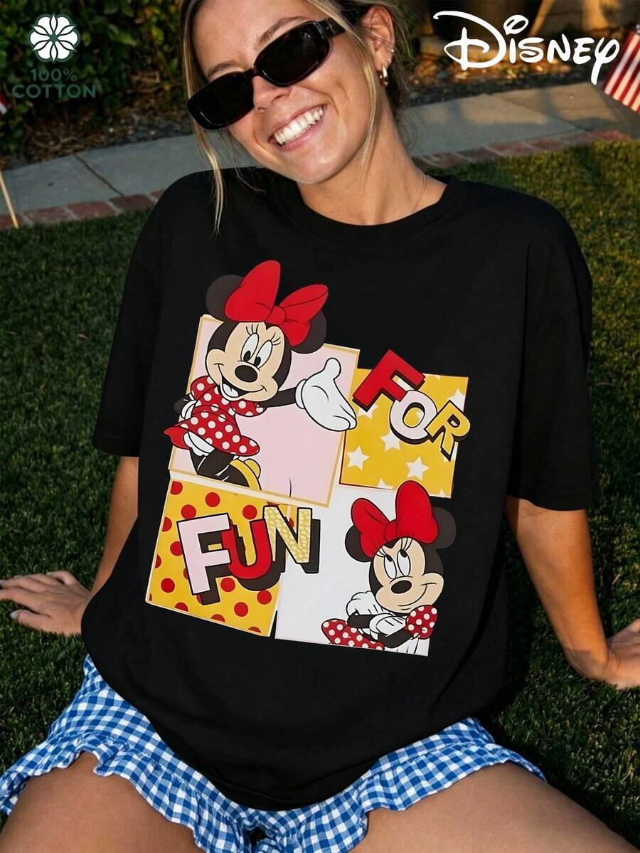 Disney 100% Cotton Women's T-Shirt Featuring A Minnie Mouse Jigsaw Puzzle Print; A Comfortable, Breathable And Versatile Summer Top With A Round Neck And Short Sleeves; A Street-Style Fashion Piece Suitable For Both Men And Women; An Excellent Choice For A Gift.Disney T Shirt, Disney - Black - View 1