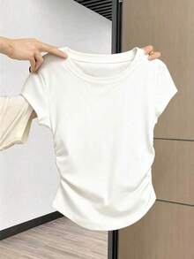 Camiseta de mujer de manga corta de cuello redondo y unicolor, minimalista y de moda para el verano - Blanco - Ver 1