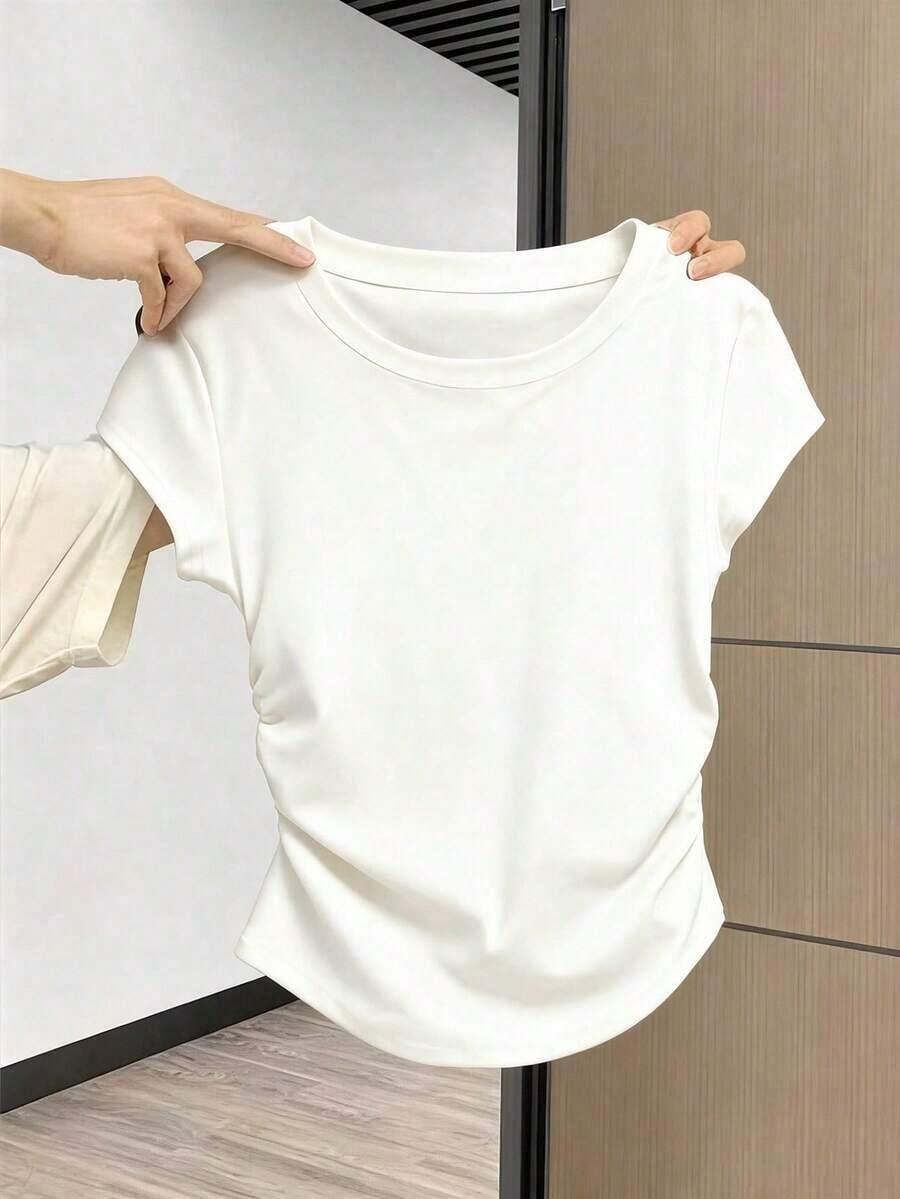 Camiseta de mujer de manga corta de cuello redondo y unicolor, minimalista y de moda para el verano - Blanco - Ver 1