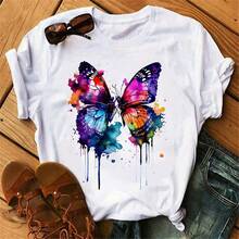 Camisetas de manga corta para mujer góticas con estampado de árbol y mariposa, camiseta Harajuku de cuello redondo, manga corta, informal, para verano. - Blanco - Ver 2