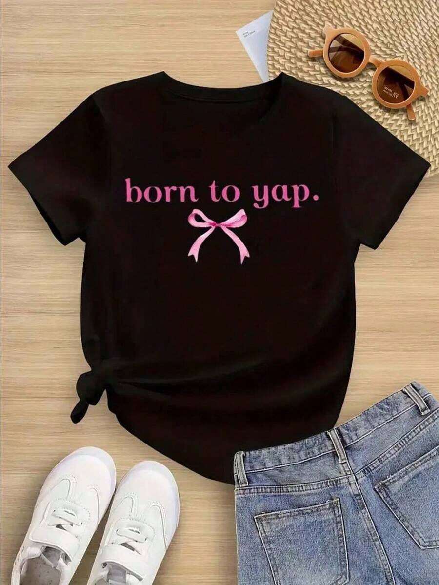 1 pieza de ropa para adolescente, con la frase "Born To Yap". Patrón de lazo, camiseta de manga corta, camiseta con estampado de letras, cuello redondo regular, tela transpirable, estilo casual. 210g 100% algodón, todos los patrones están impresos. Unisexo. - Negro - Ver 1