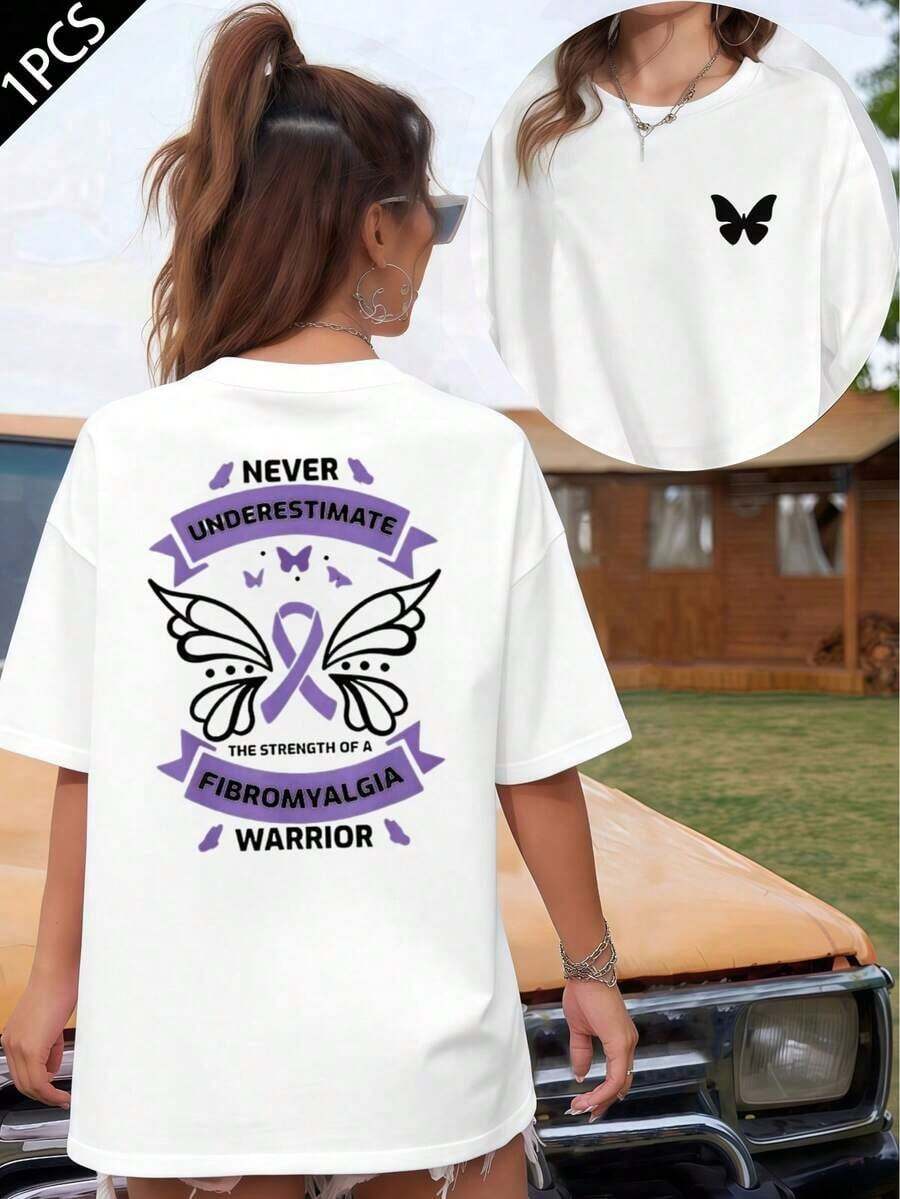 Fibromyalgia Awareness Support T-Shirt, 220 G/M² Cotton T-Shirt With Double-Sided Print, Round Neck, Casual Style For Women (1 Piece) - 白色 - 查看 1