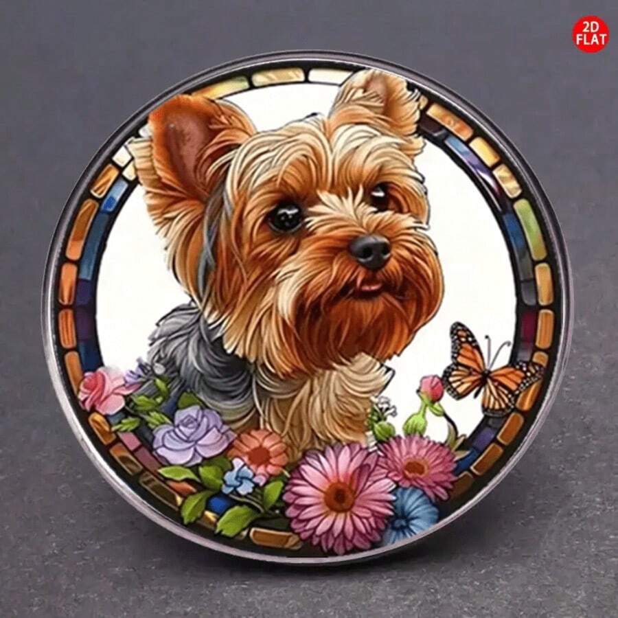 2D Flat - This 2D Flat Vintage Yorkshire Terrier Brooch Features A Unique Apparel Badge And Creative Lapel Flower, Perfect For Backpacks, Clothing, And Collars. - A - View 1