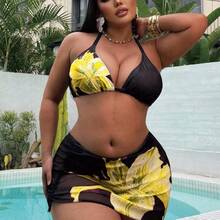Swim  Plus Size Women Floral Print Halterneck Lace-Up Sexy Bikini Set With Kimono Cover-Up And Skirt Set, Summer Beach Mesh 3 Piece Swimsuit Floral 3 Piece Swimsuit - Multicolor - Ver 7