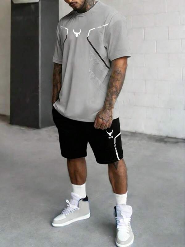 Men's Minimalist Printed Short Sleeve T-Shirt And Shorts Sports Set, Casual Daily, Running, Fitness, Outdoor Activities