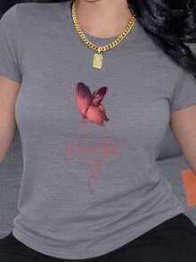 Short-Sleeved T-Shirt With A  Purple Butterfly Print, Stylish Crew Neck Design, And Modern Fonts-Perfect For Casual Outings. Pair It With Jeans And Accessories For A Relaxed And Stylish Look. IBPH - 黑灰色 - 查看 6