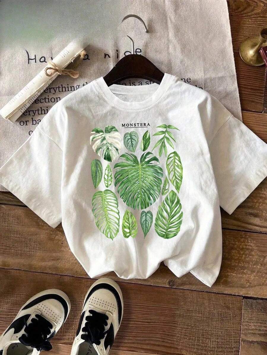 Camisetas de manga corta para mujer, cuello redondo, 100% algodón, estampado de hojas tropicales de monstera y filodendro, camiseta casual de moda para el verano, camisetas para damas. - Blanco - Ver 1